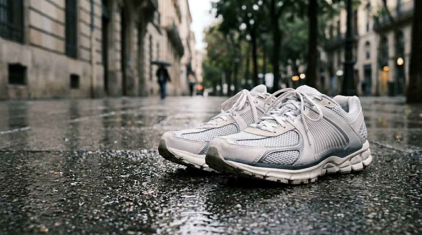 Laufschuhe auf einem Gehweg, im Hintergrund eine ruhige Strasse.